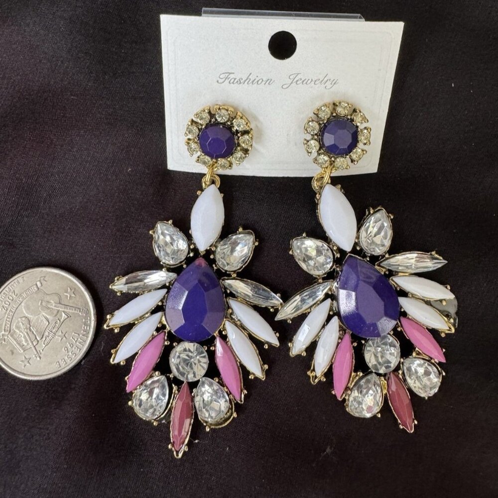 Pink Blue Silver Goldtone Rhinestone Beaded Earrings Dangle Bohemian NEW